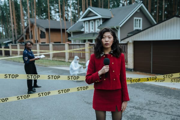 Woman in a red dress holding a mic in front of a crime scene